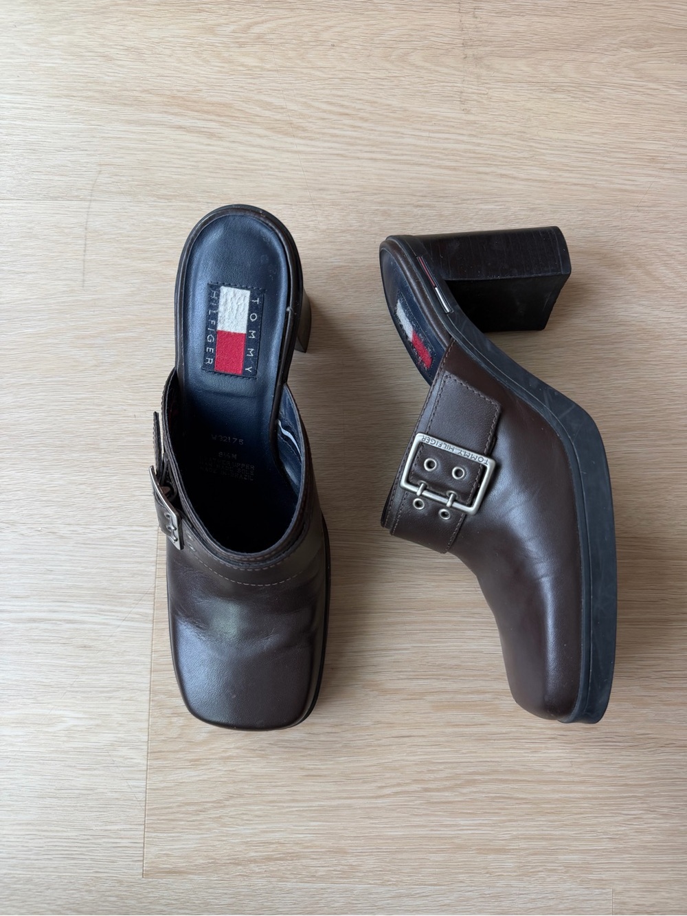 Tommy Hilfiger Brown Leather Buckle Block Heel Mules - Picture 2 of 8